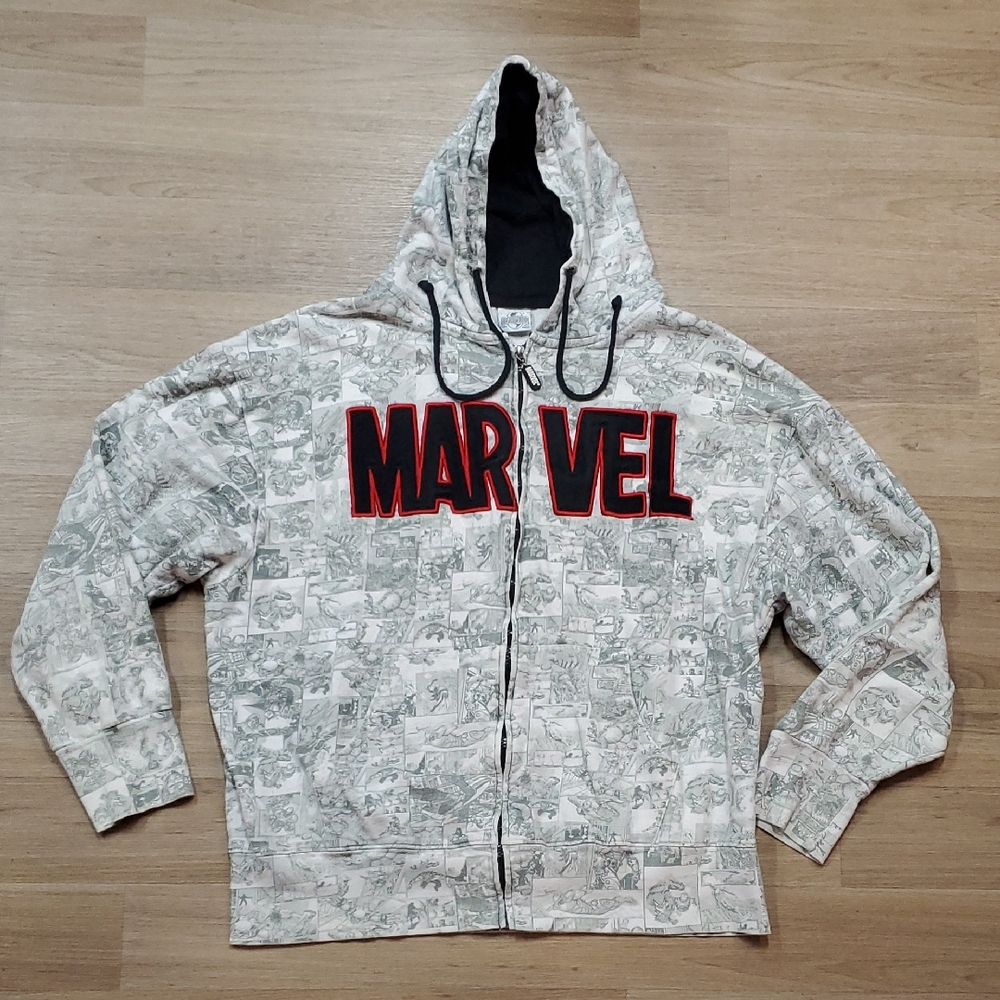 Marvel Comic Print Zip-Up Hoodie with Red Accents
